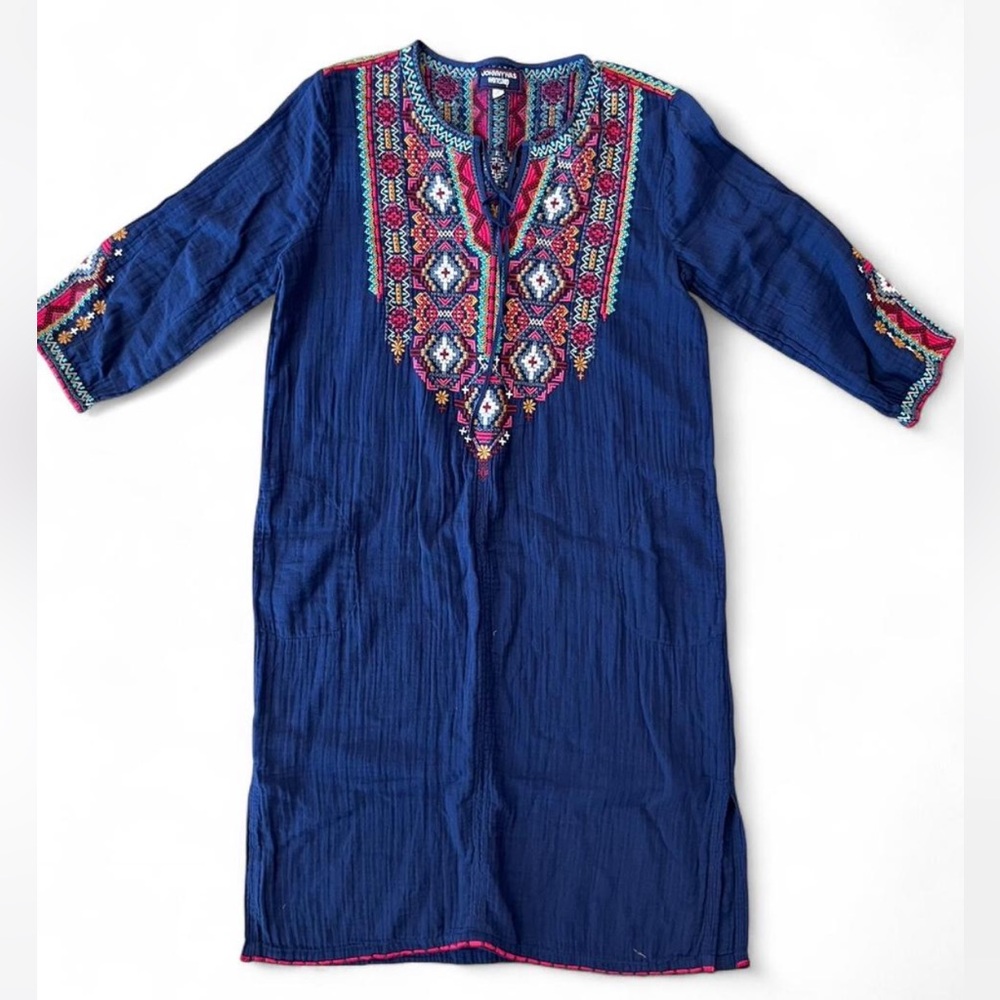 Johnny Was Embroidered Navy Blue Tunic Dress